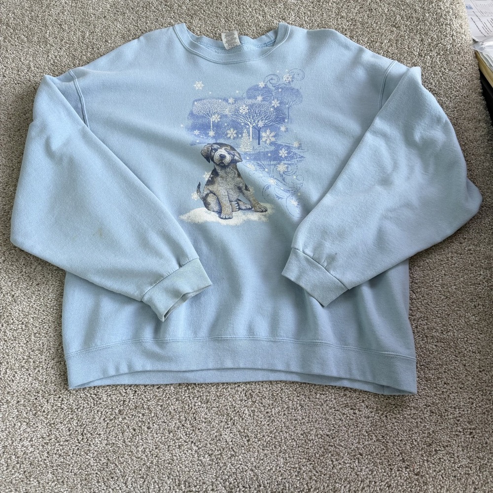 Jerzees Sweatshirt Womens 2XL Blue Fleece Pullover Winter Dog Graphic Crewneck